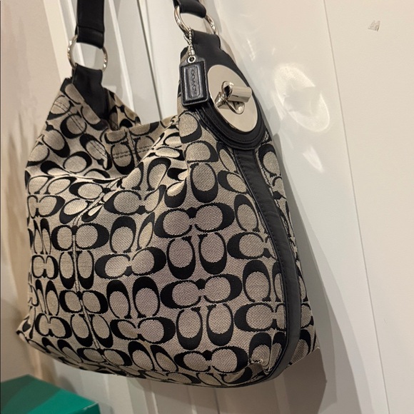 Coach Black and Tan Hobo Bag slouchy purse signature c designer handbag - Picture 3 of 8